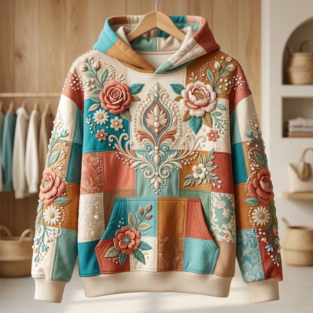 Teal And Rust Bloom Patchwork hoodie, all-over print