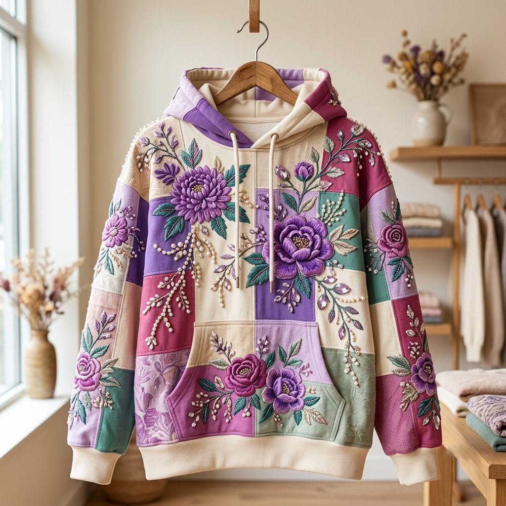 Purple Rose Patchwork hoodie, all-over print