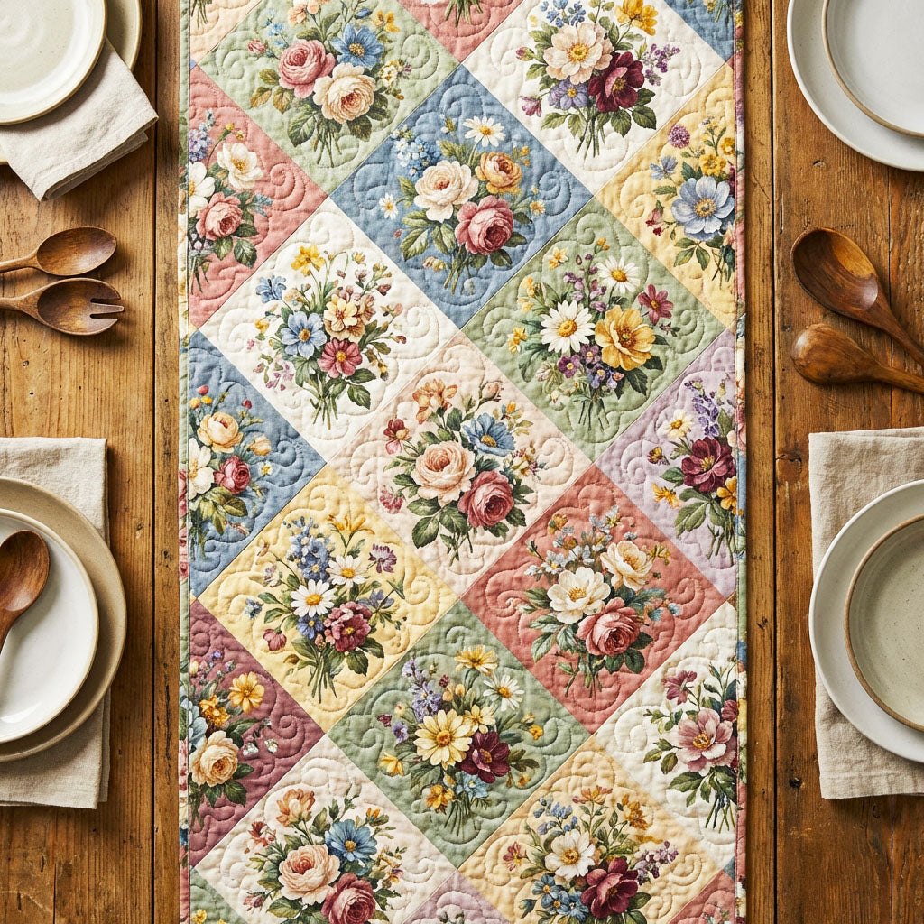Floral Diamonds on Cream Patchwork Table Runner