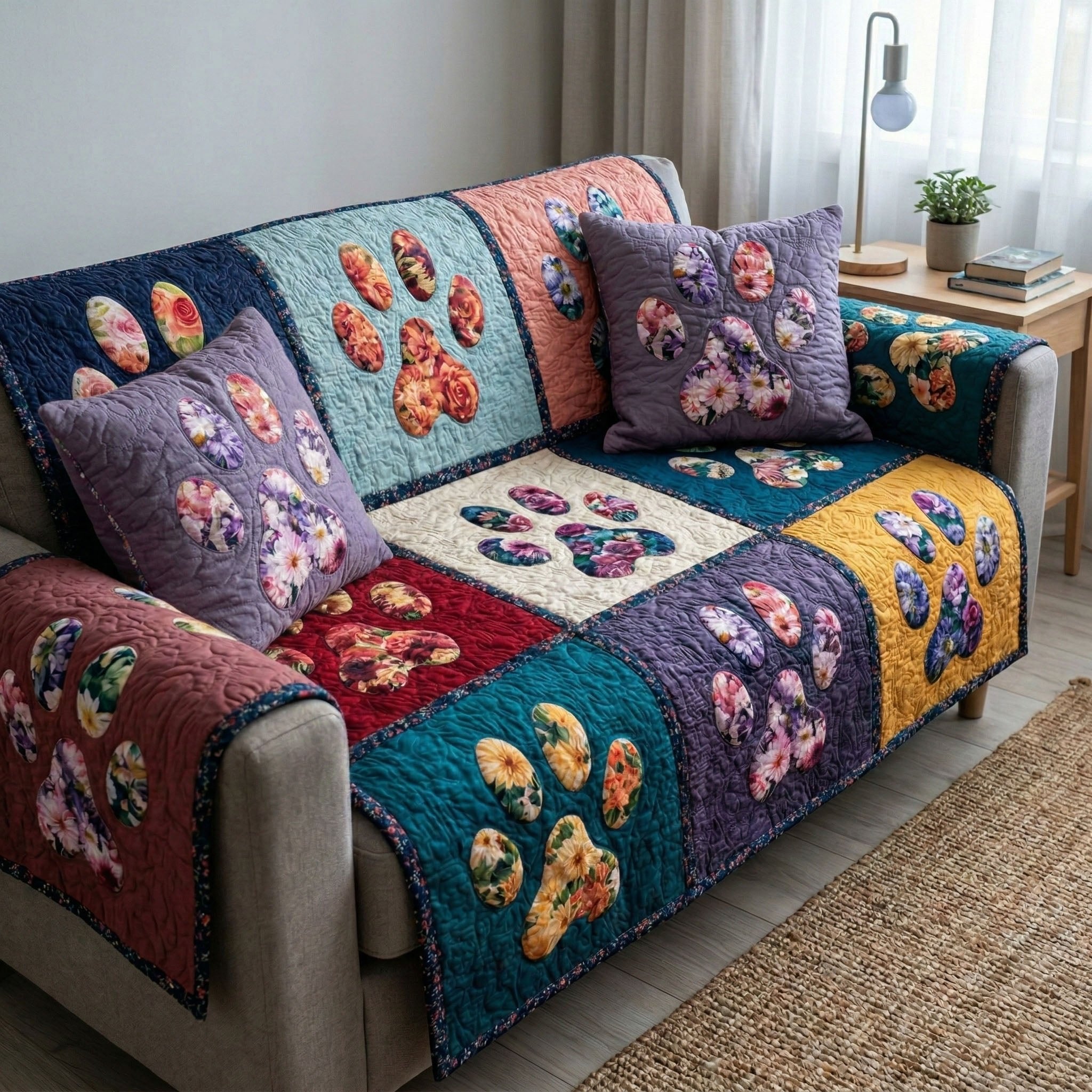 Floral Paw Prints in Jewel Blocks Sofa Cover