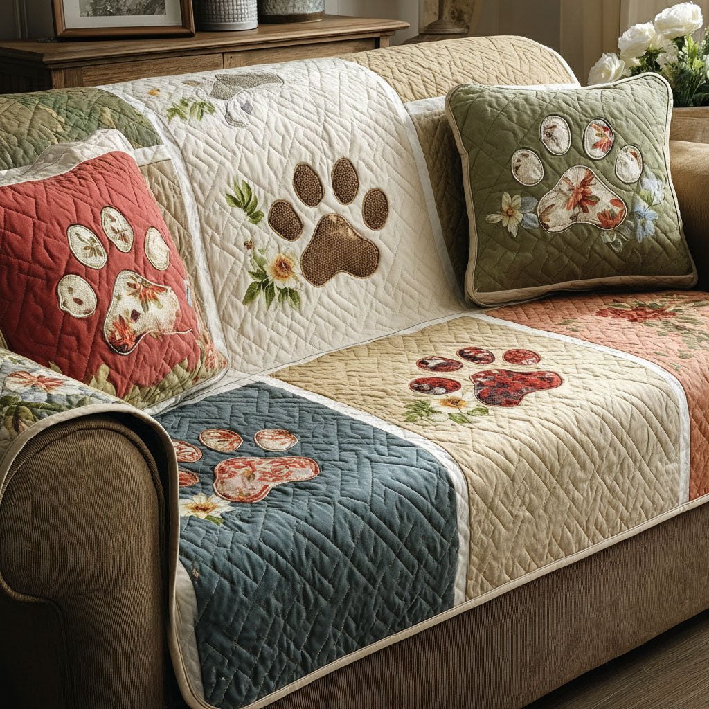 Paw Prints on Cream and Sage Sofa Cover