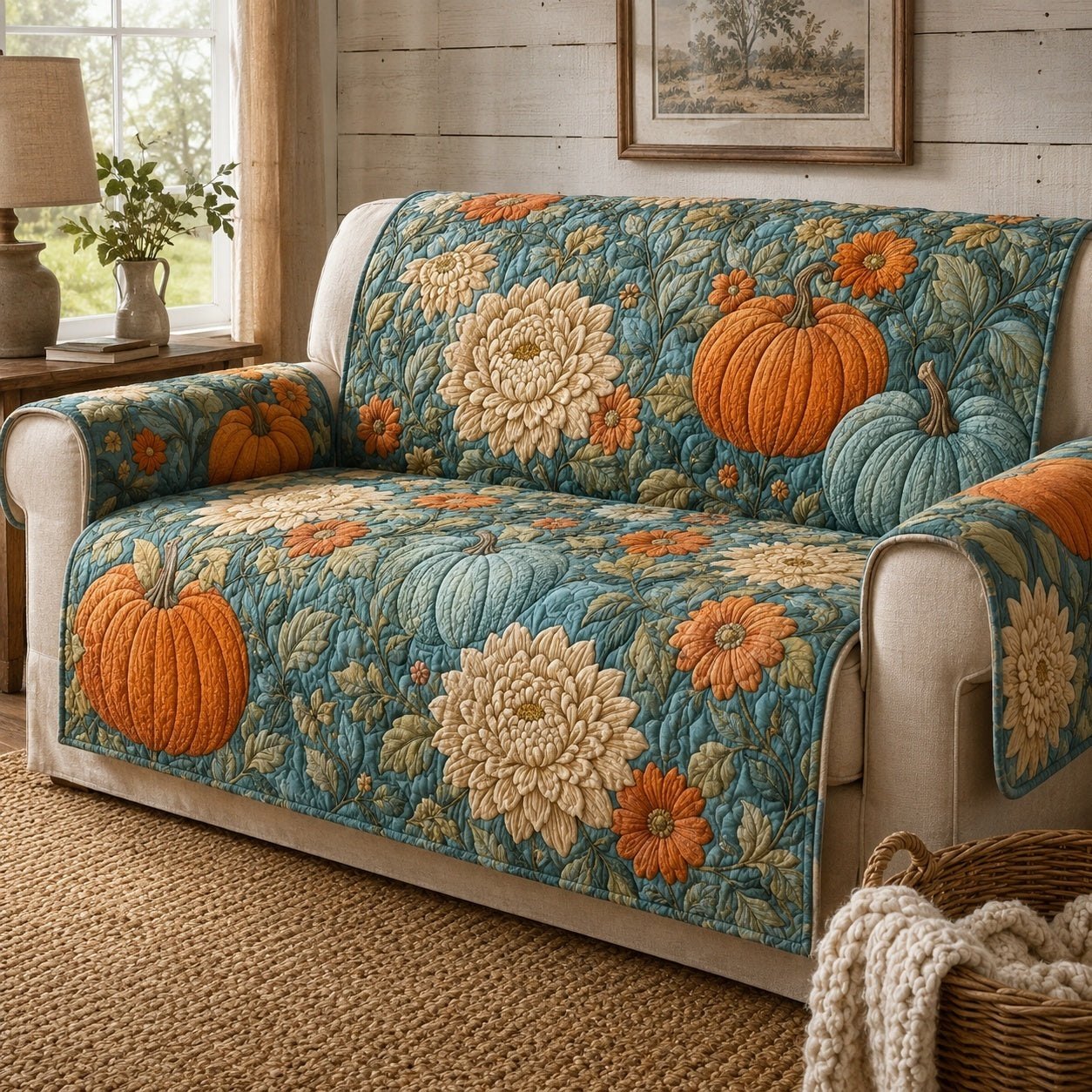 Pumpkins and Mums in Teal and Orange Sofa Cover