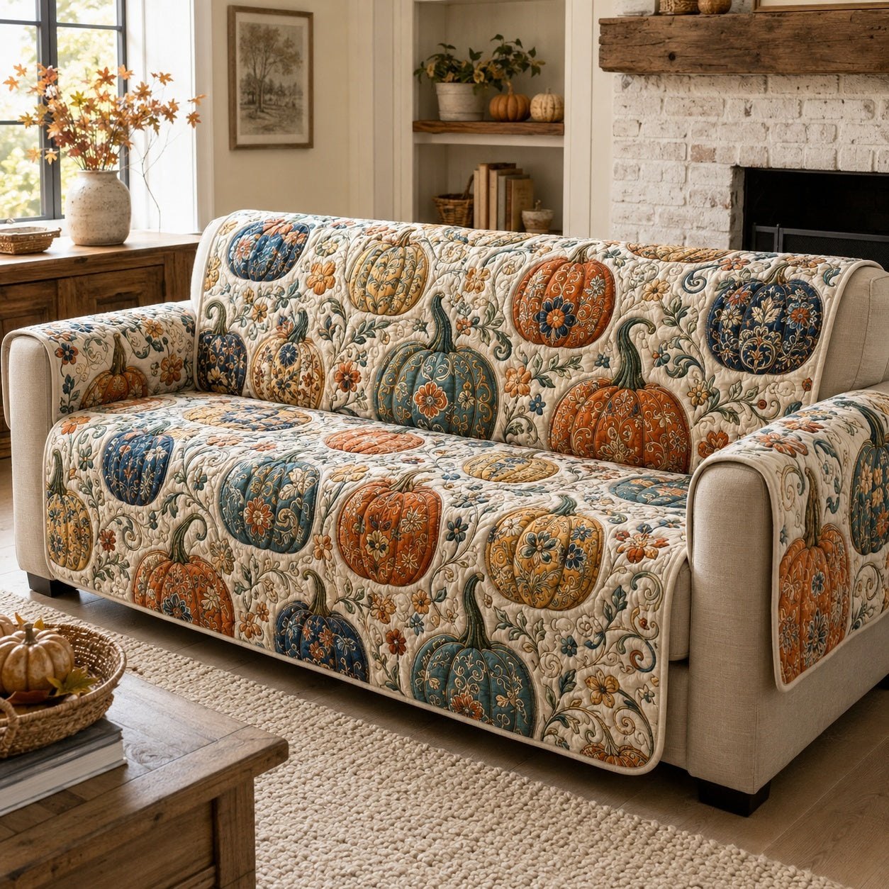 Heirloom Pumpkins on Cream Vines Sofa Cover