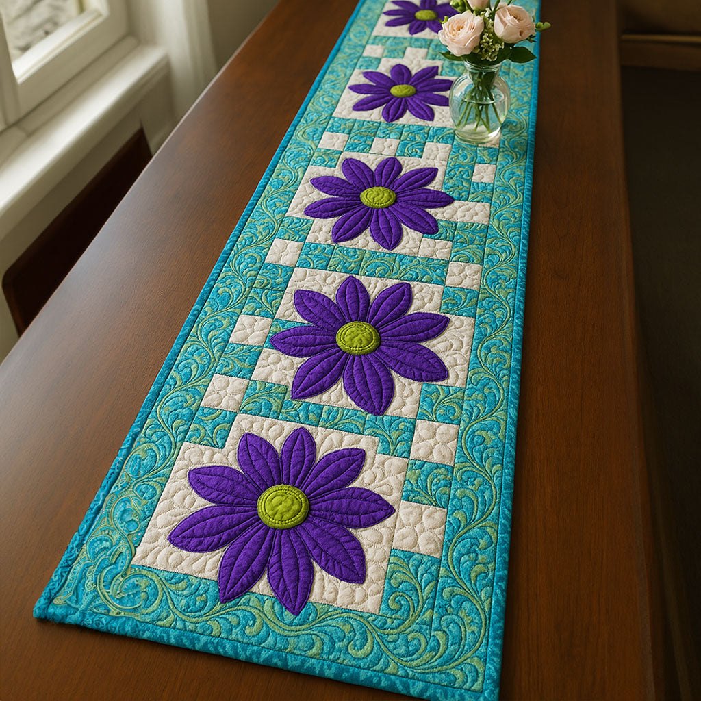 Purple Daisies on Teal Table Runner