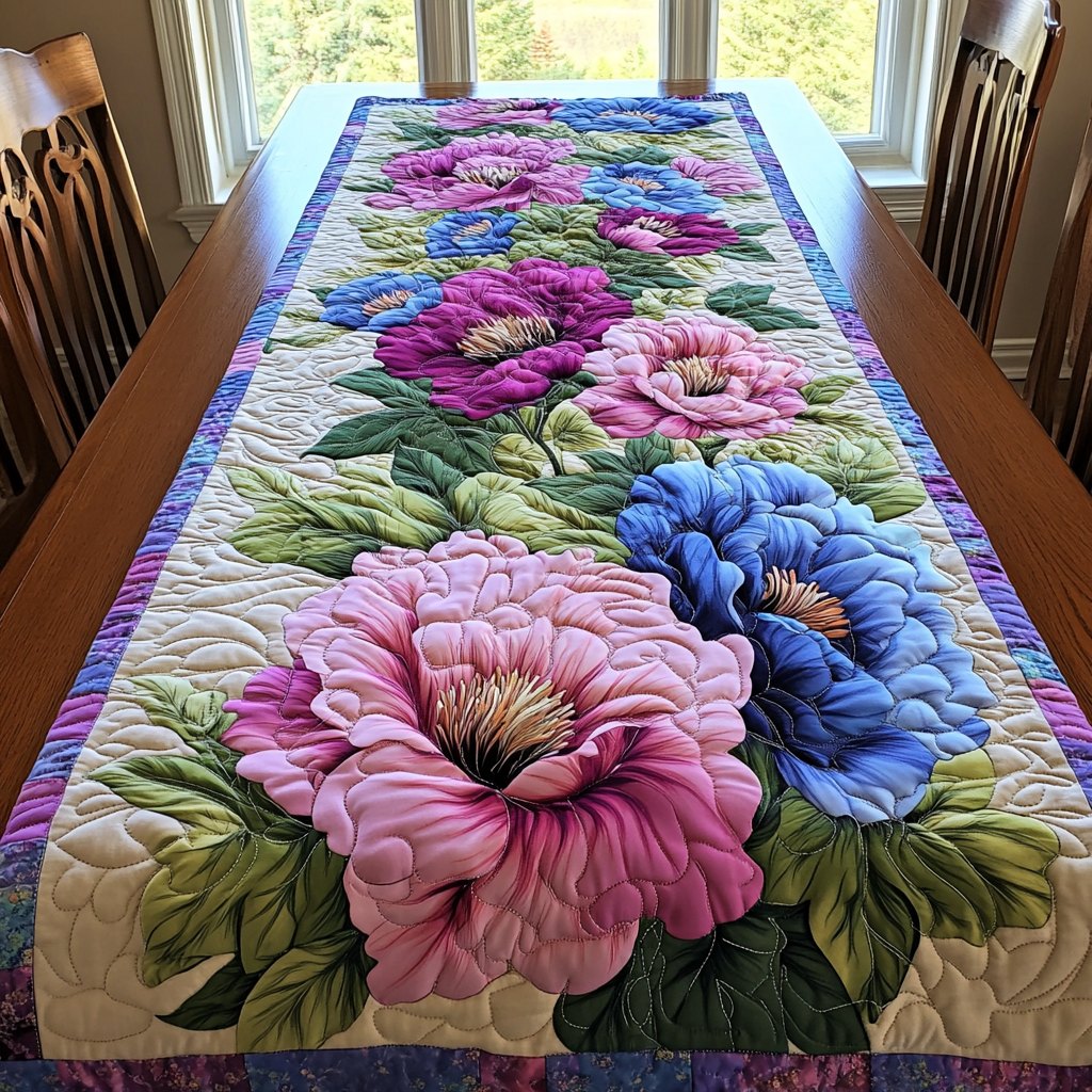 Pink and Blue Peonies Table Runner