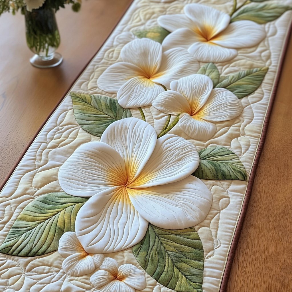Large White Plumeria on Green Table Runner