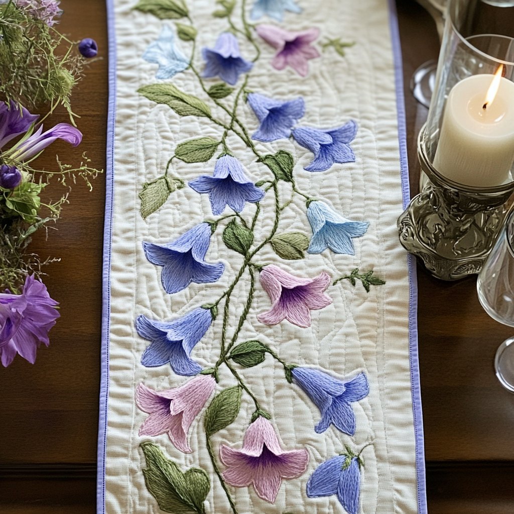 Purple Bellflowers on Cream Table Runner