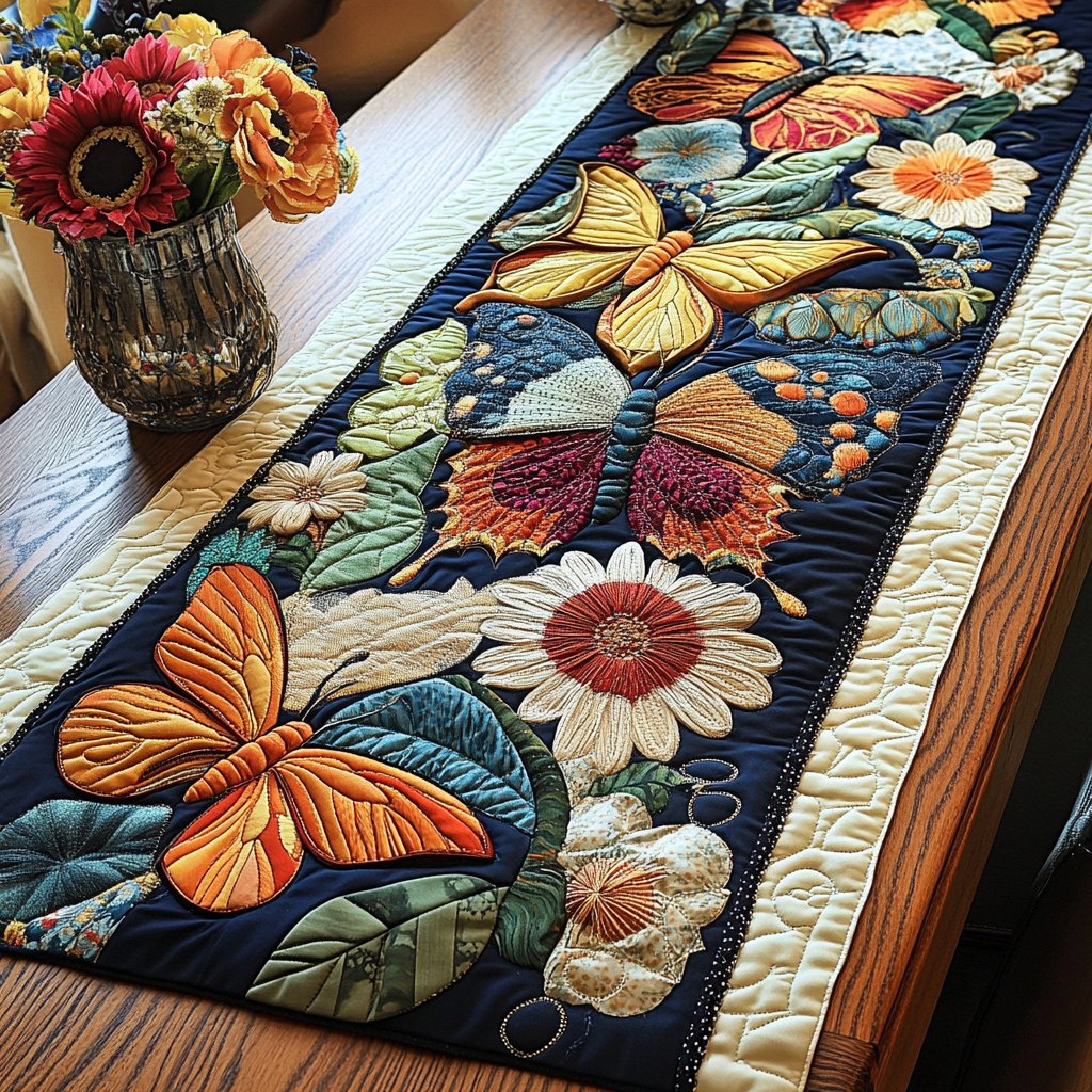 Butterflies and Blooms on Navy Blocks Table Runner