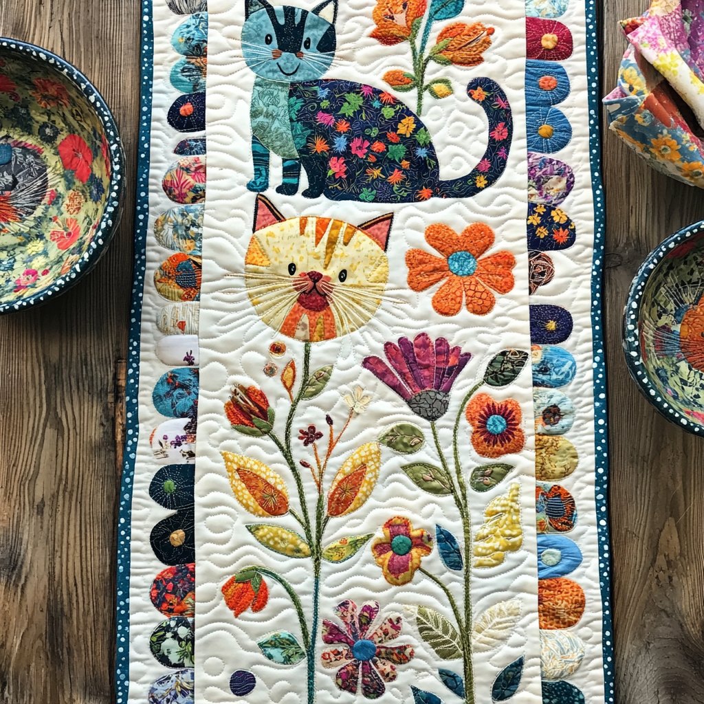 Floral Whimsical Cat Table Runner