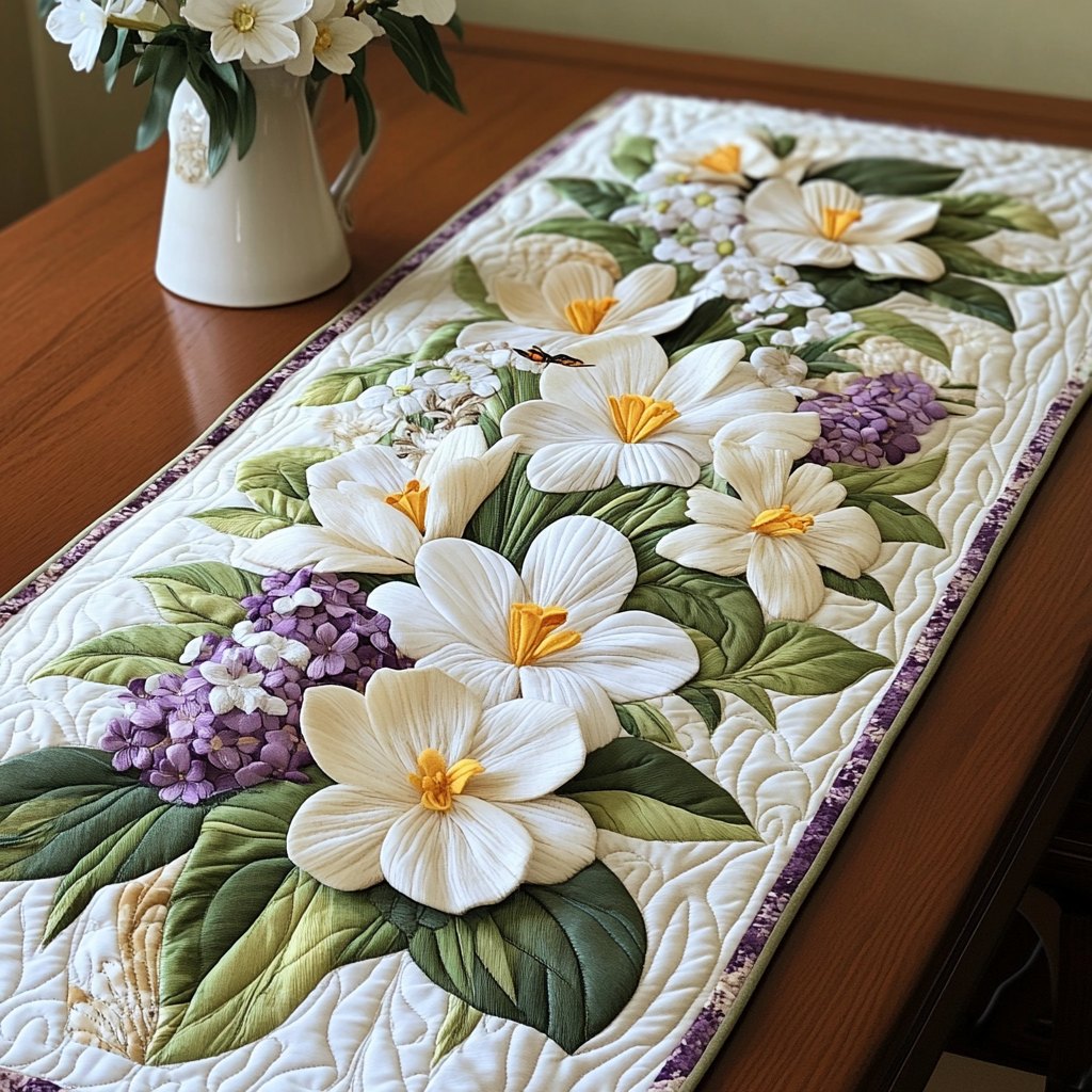 White Lilies with Lilacs on Cream Table Runner