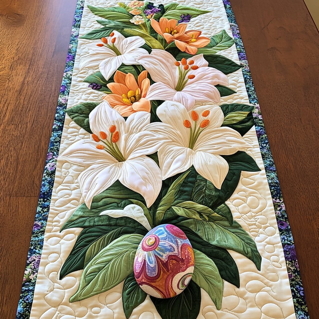 White Lilies with a Painted Egg Table Runner