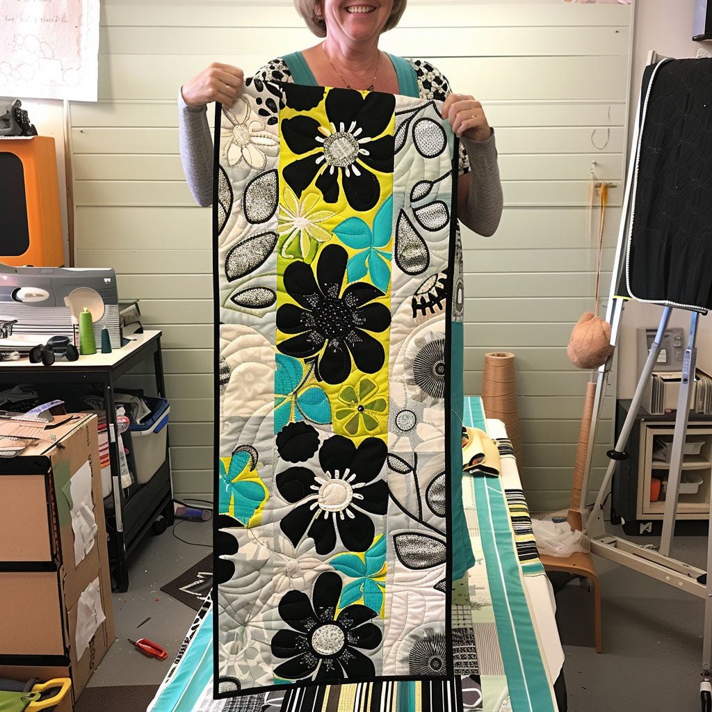 Black Flowers on Teal and Yellow Table Runner