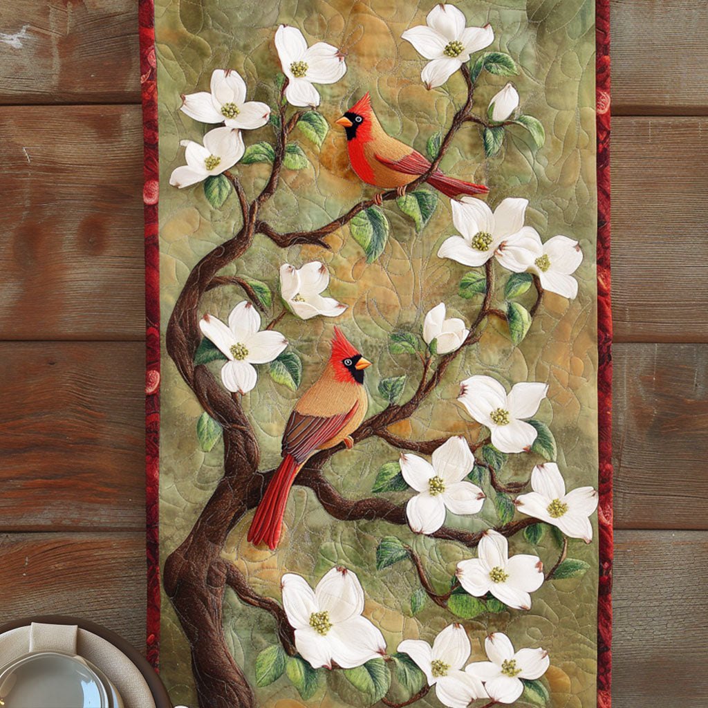 Cardinal on White Dogwood Branch Table Runner