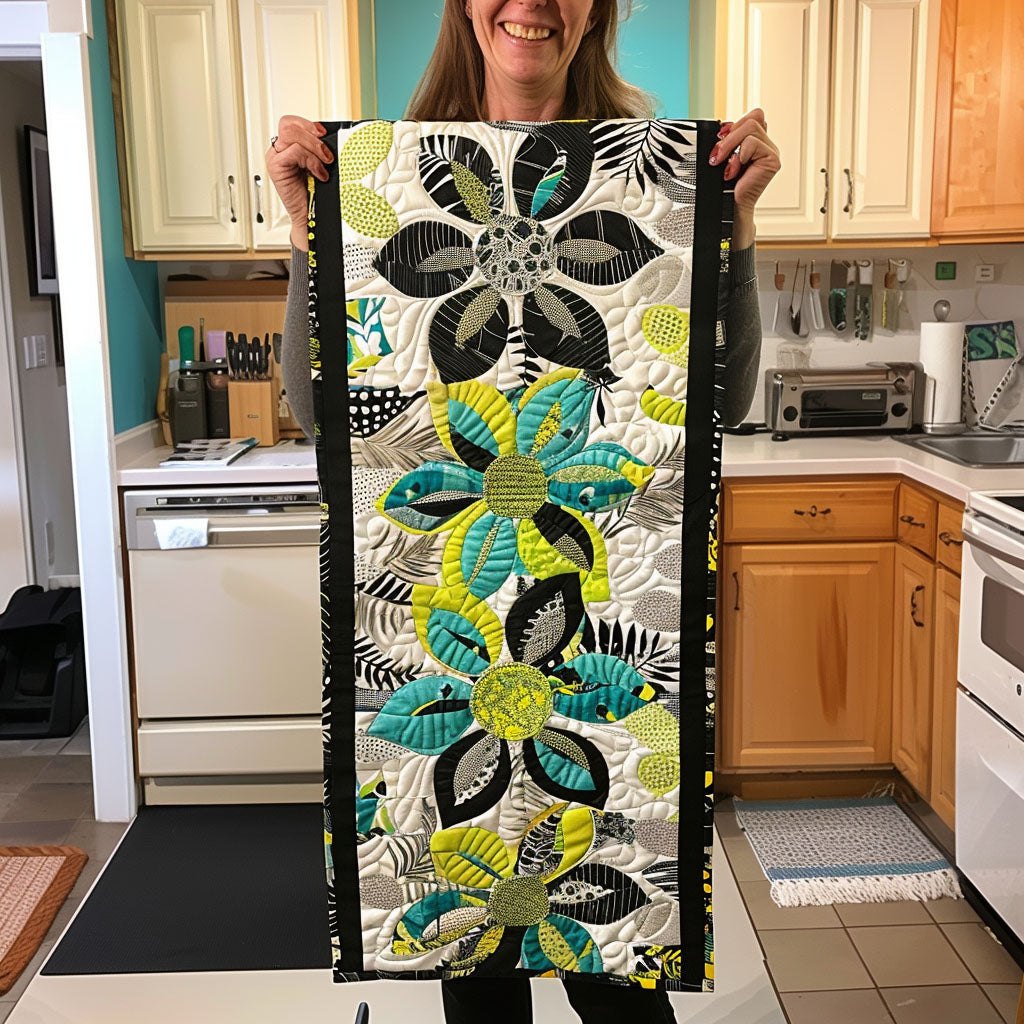 Green Leaves on Black and White Table Runner