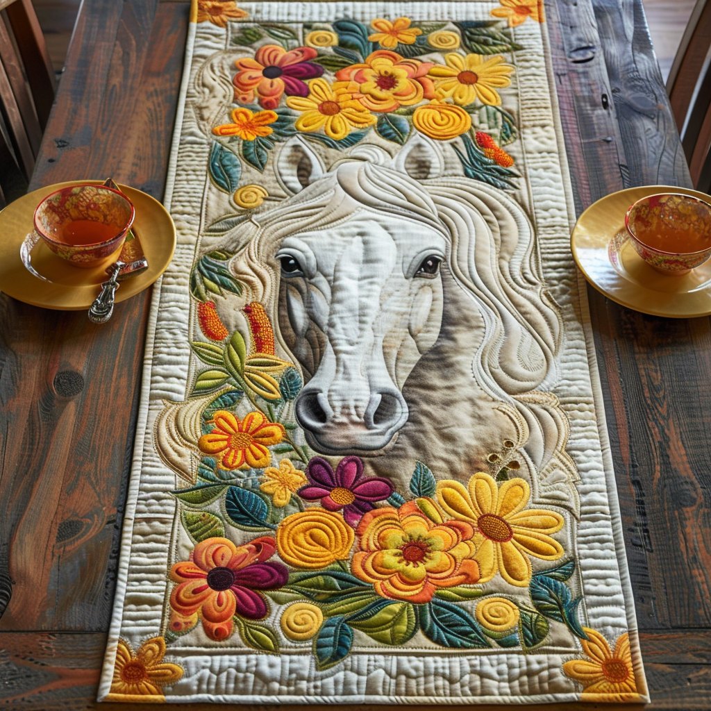 White Horse Head with Golden Flowers Table Runner