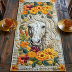 White Horse Head with Golden Flowers Table Runner
