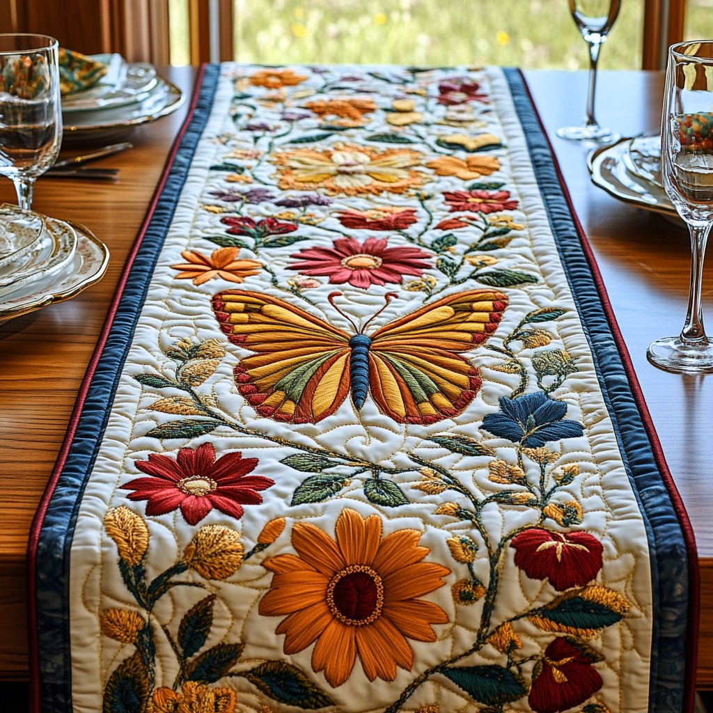 Orange Butterfly with Red Blooms Table Runner