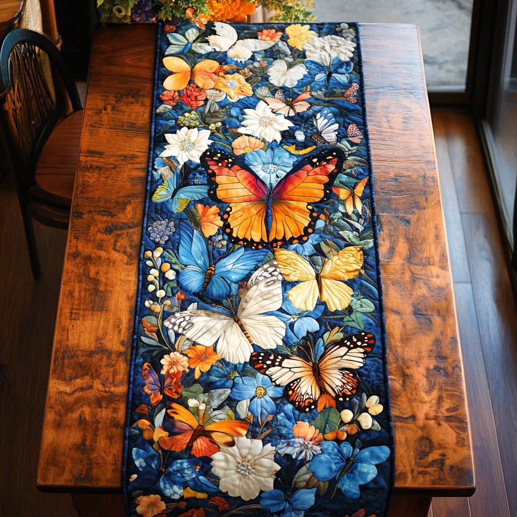 Butterflies on Blue and Gold Table Runner