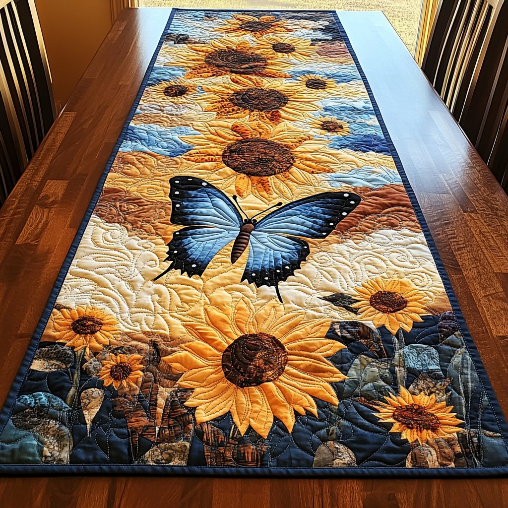 Blue Butterfly Above Golden Sunflowers Table Runner