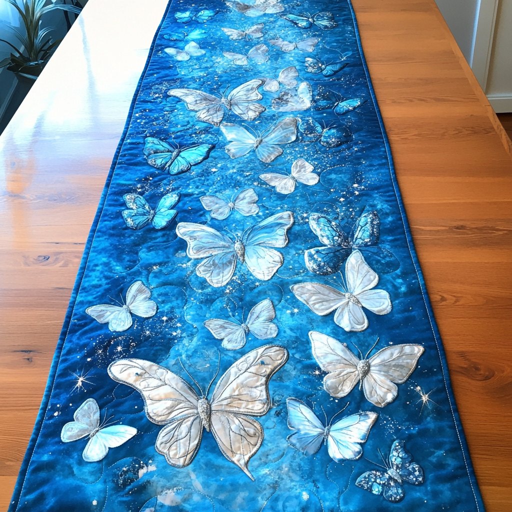 White Butterflies on Icy Blue Table Runner