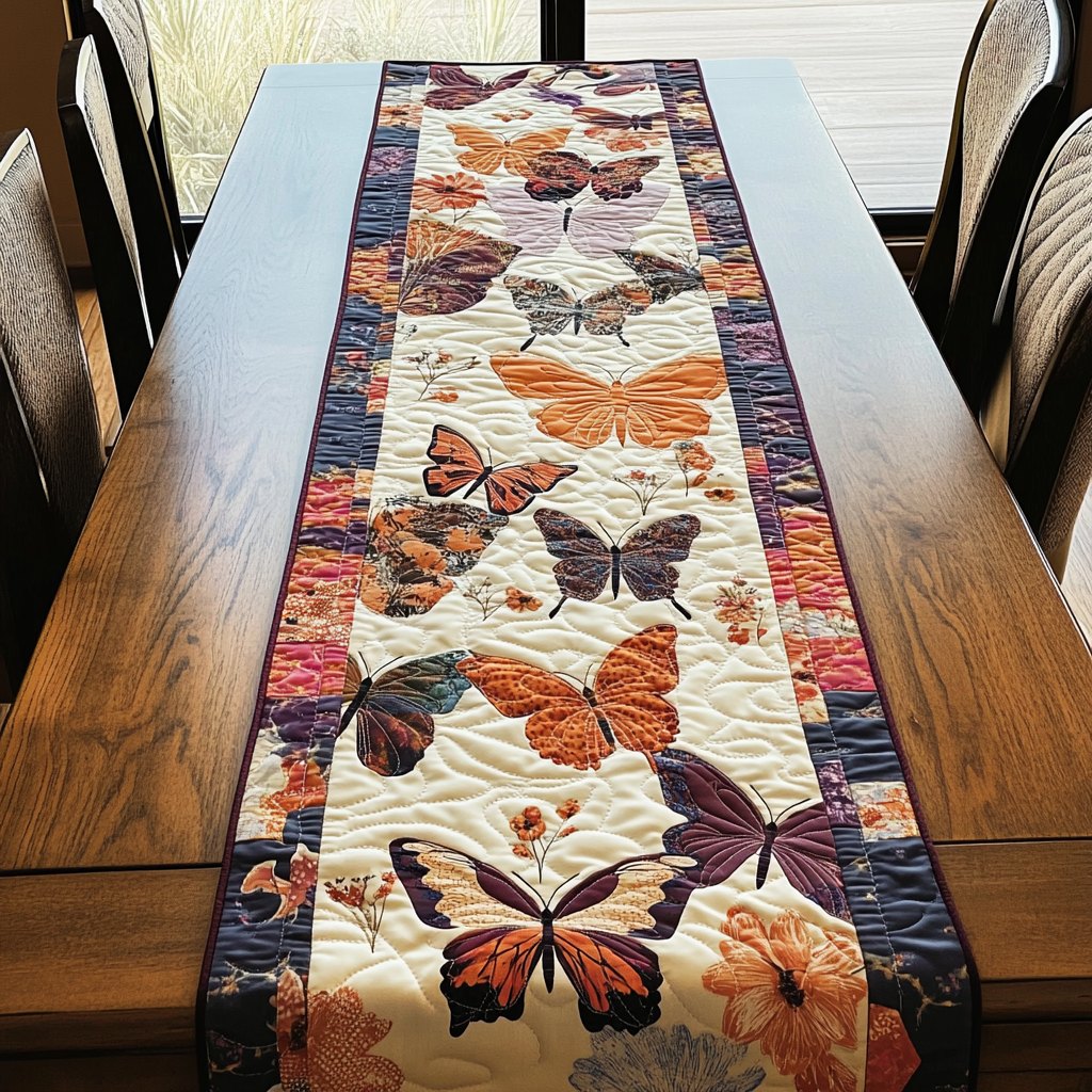 Butterflies on Cream with Navy Border Table Runner