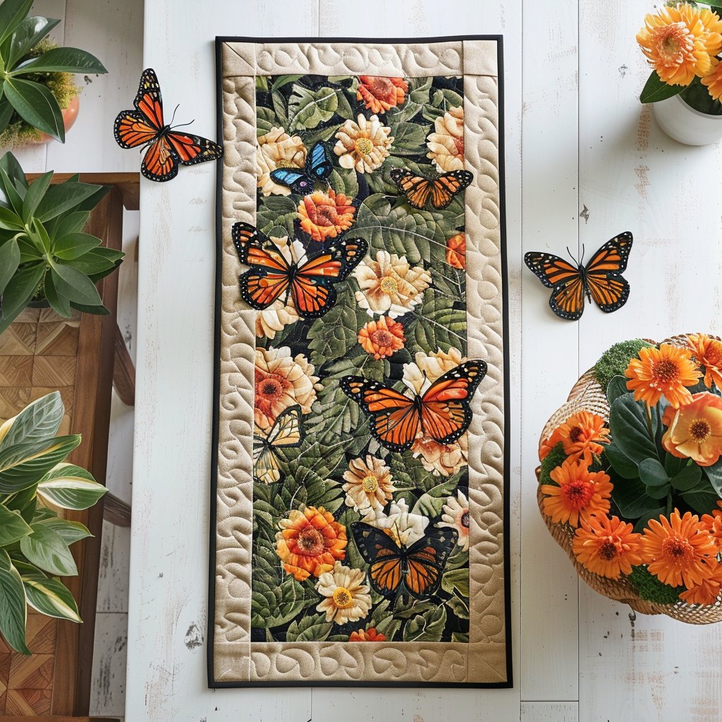 Monarchs with Orange Blossoms on Green Table Runner