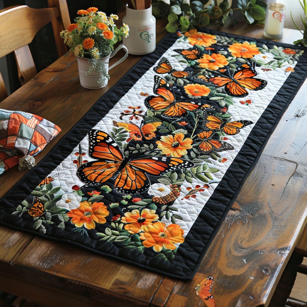 Monarch Butterflies with Golden Blooms Table Runner