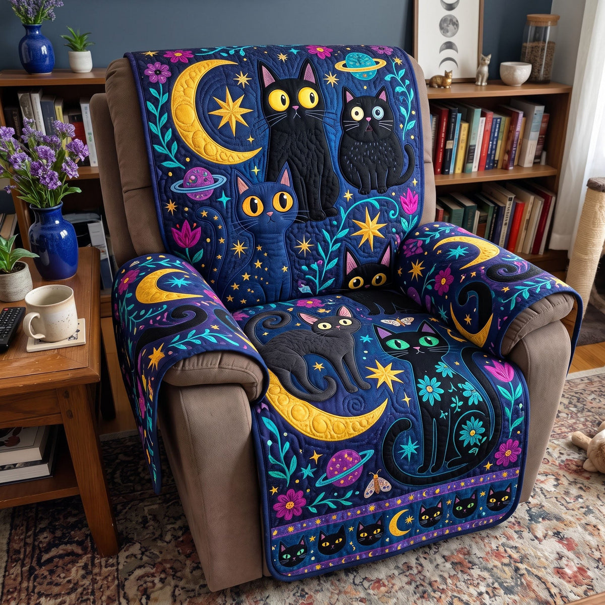 Folk Art Black Cats Crescent Moon Sofa Cover