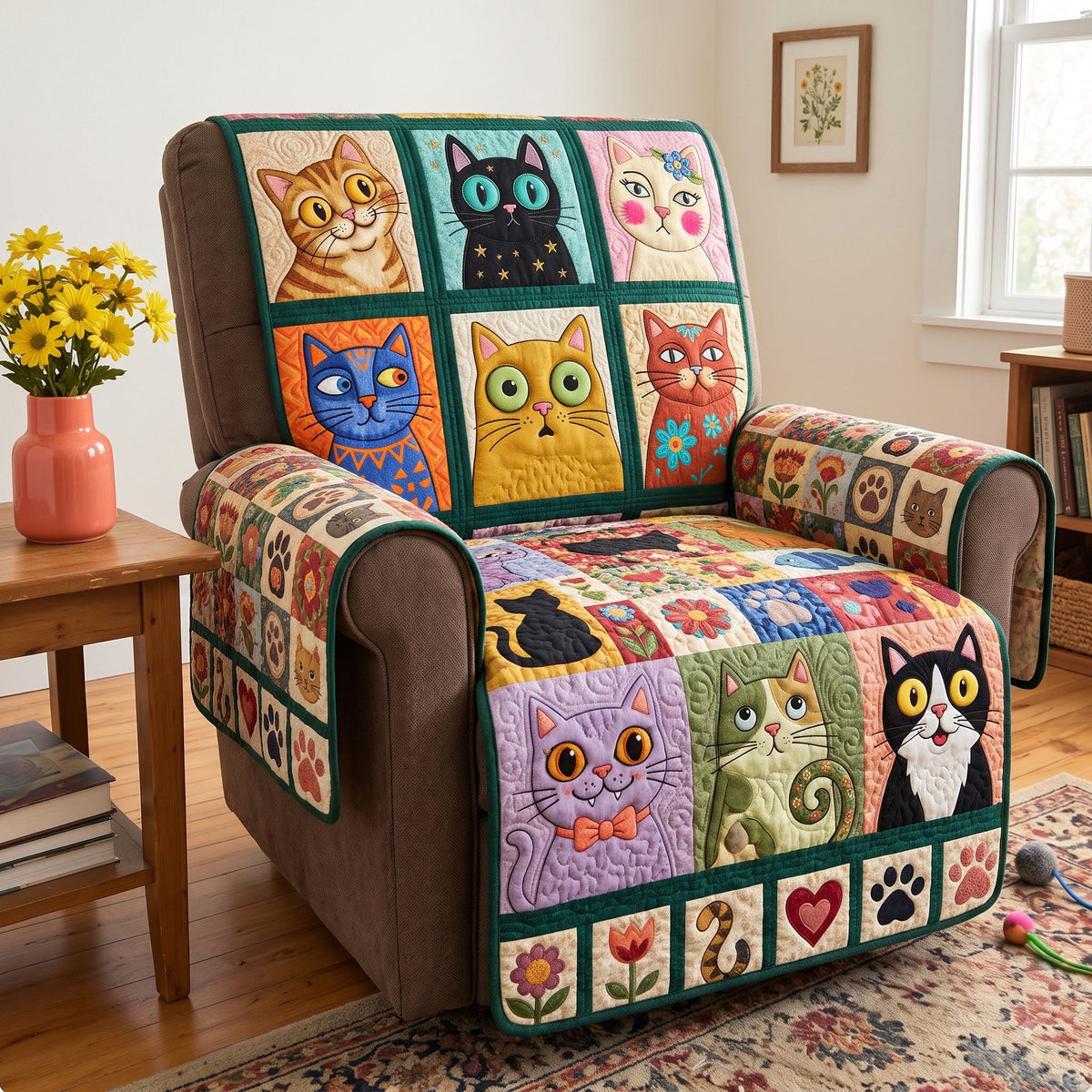 Folk Art Cat Portrait Squares Sofa Cover