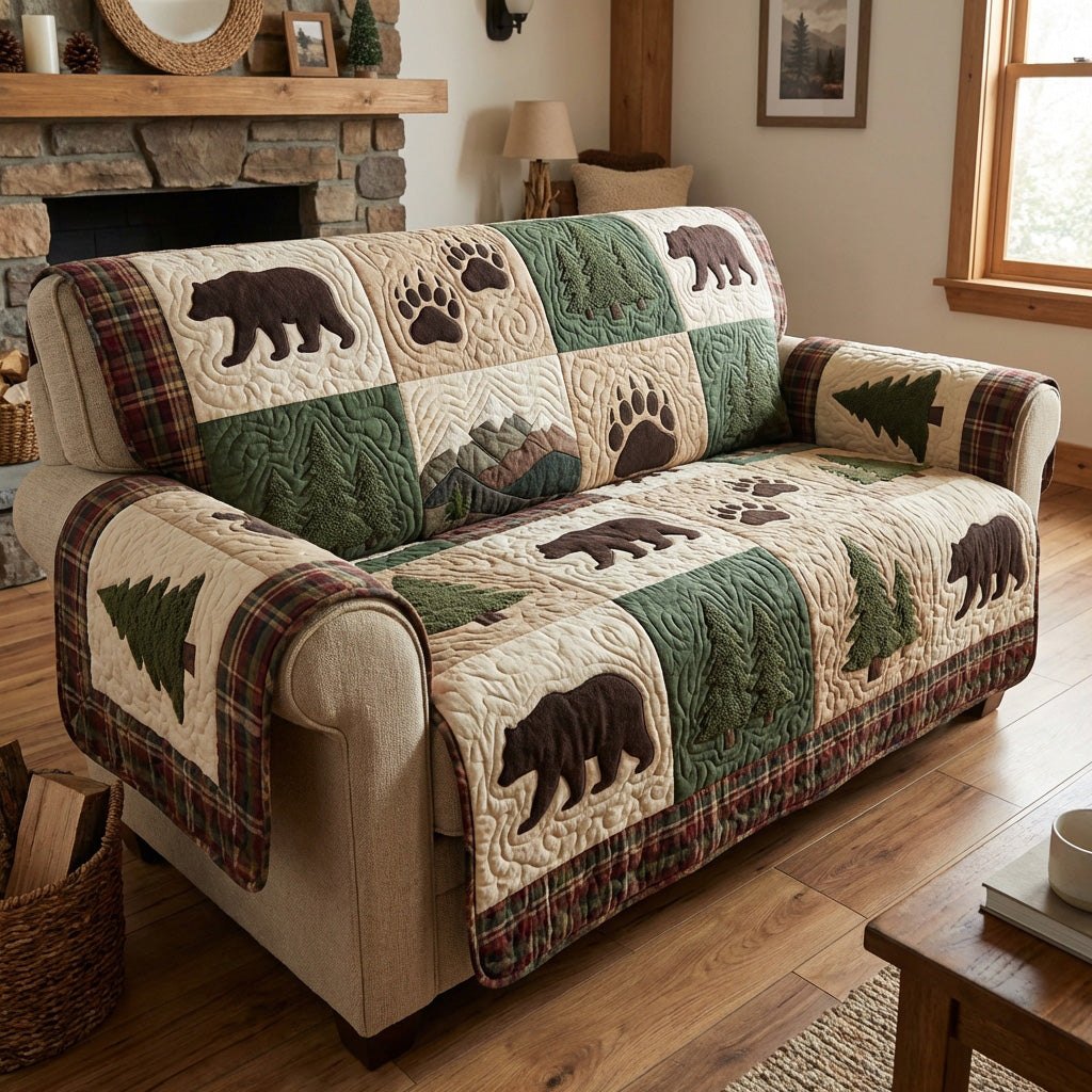Bear Silhouettes on Cabin Plaid Sofa Cover