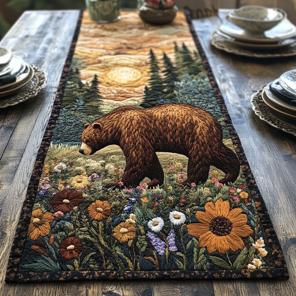 Brown Bear in a Wildflower Meadow Table Runner