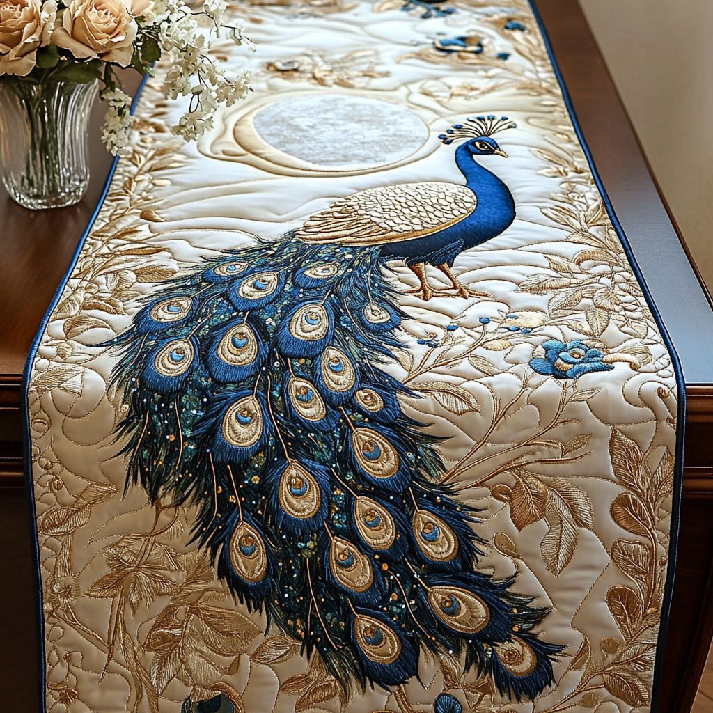 Blue Peacock on Cream Table Runner