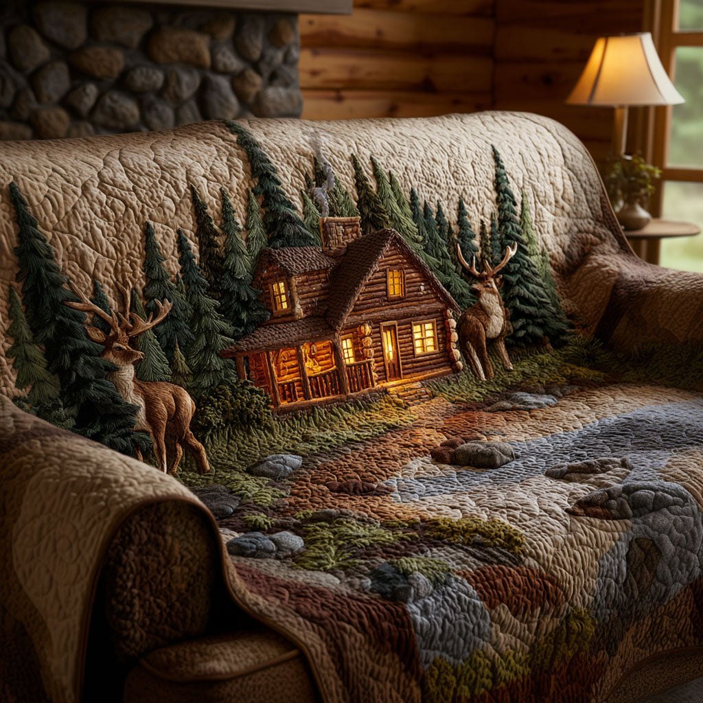 Log Cabin and Deer at Dusk Sofa Cover