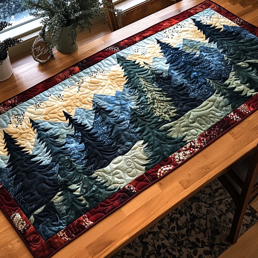 Blue Pines with Plaid Border Table Runner