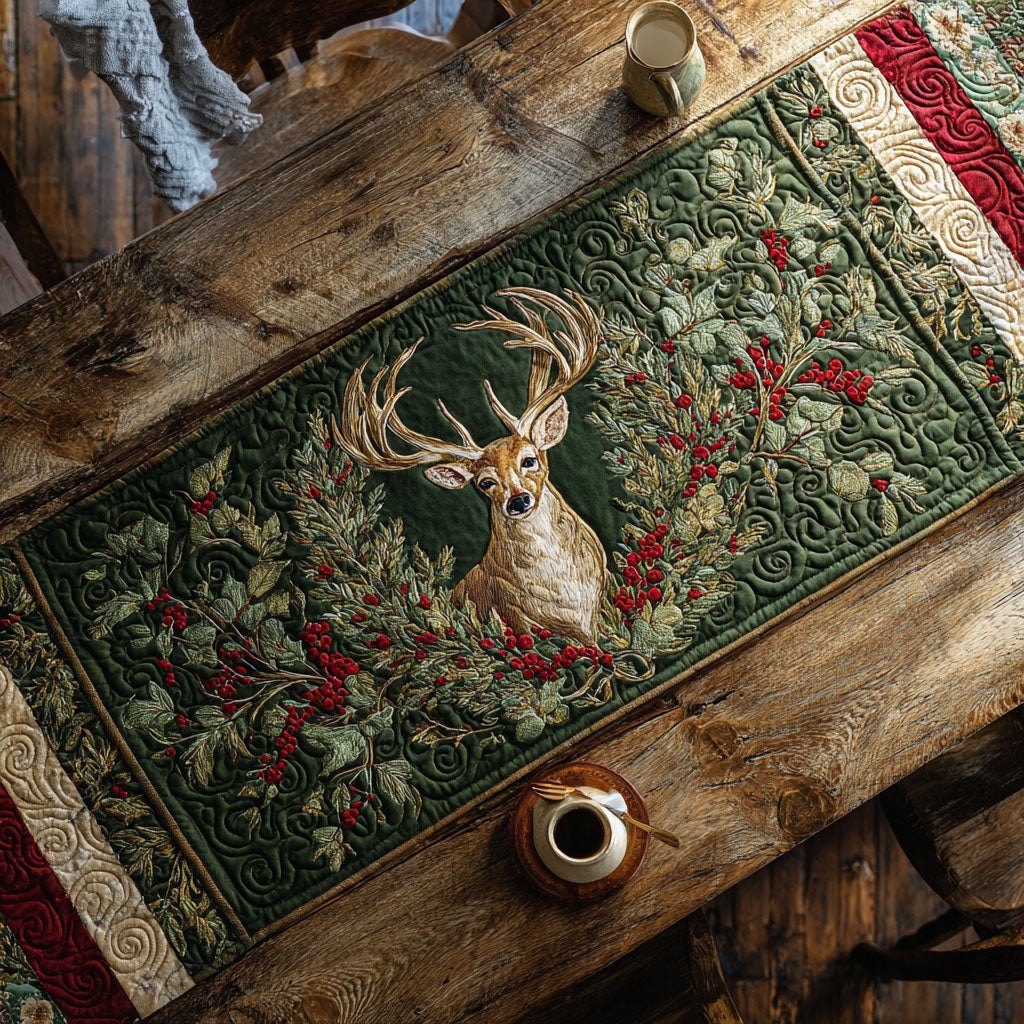 Deer with Red Berries on Green Table Runner