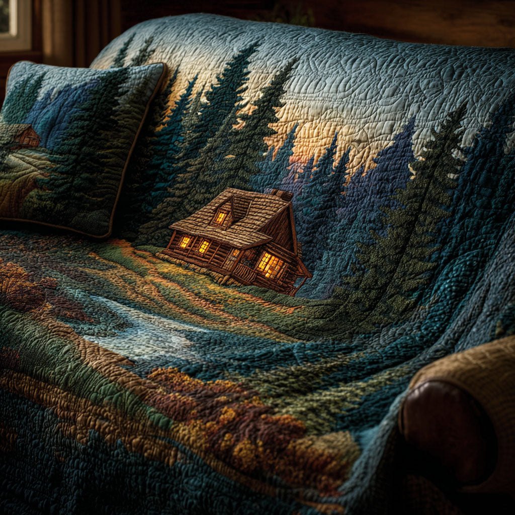 Lit Cabin Beside the Night Stream Sofa Cover