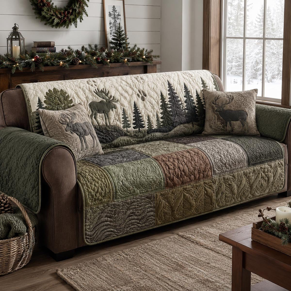 Moose and Pines on Olive Green Sofa Cover