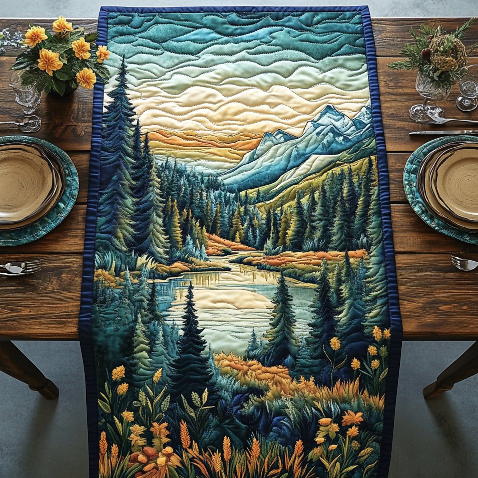 Mountain Lake Among the Pines Table Runner
