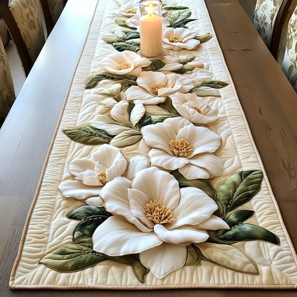 White Magnolias on Cream Table Runner