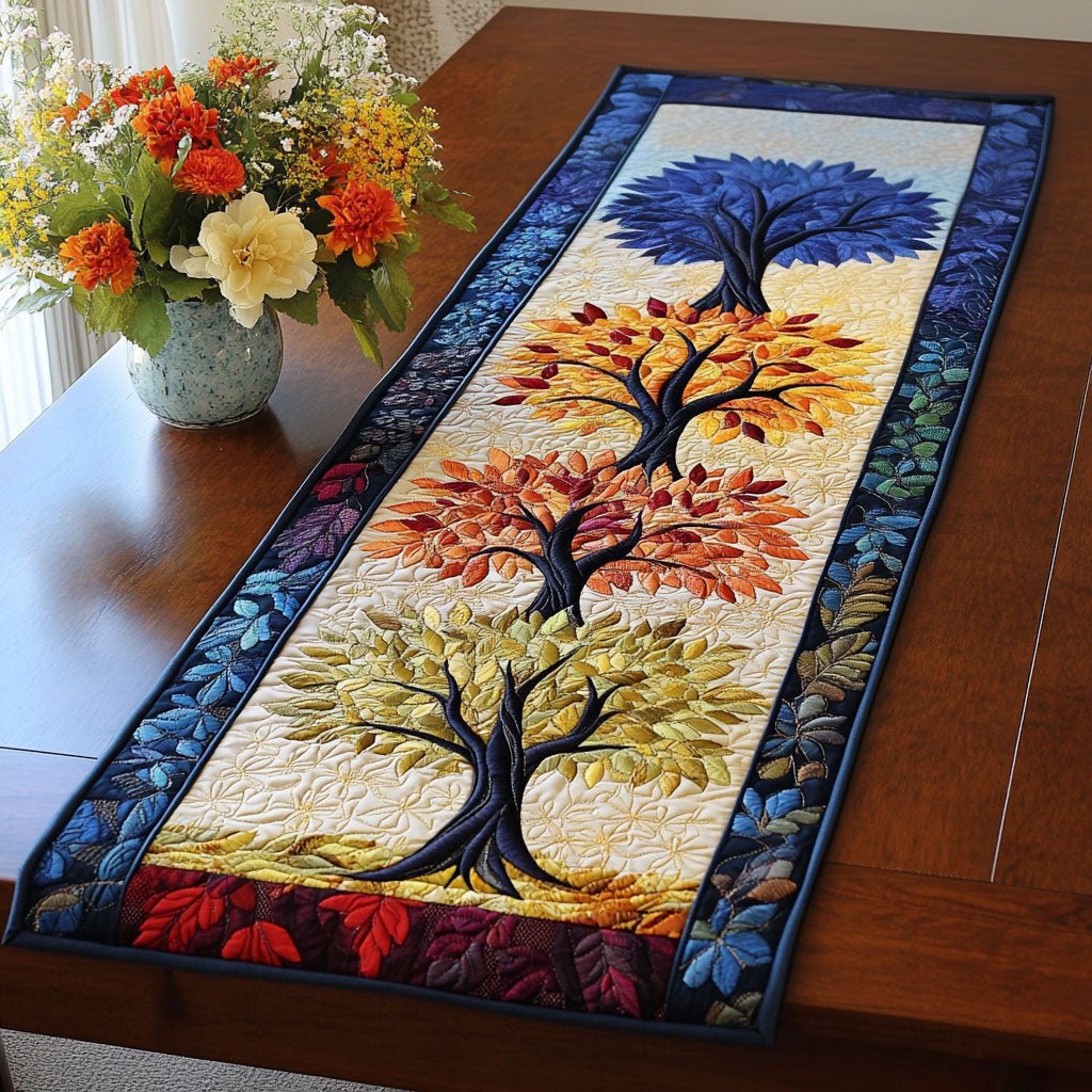 Autumn Tree with Blue Border Table Runner