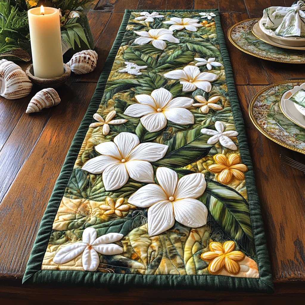 White Blossoms on Green Table Runner