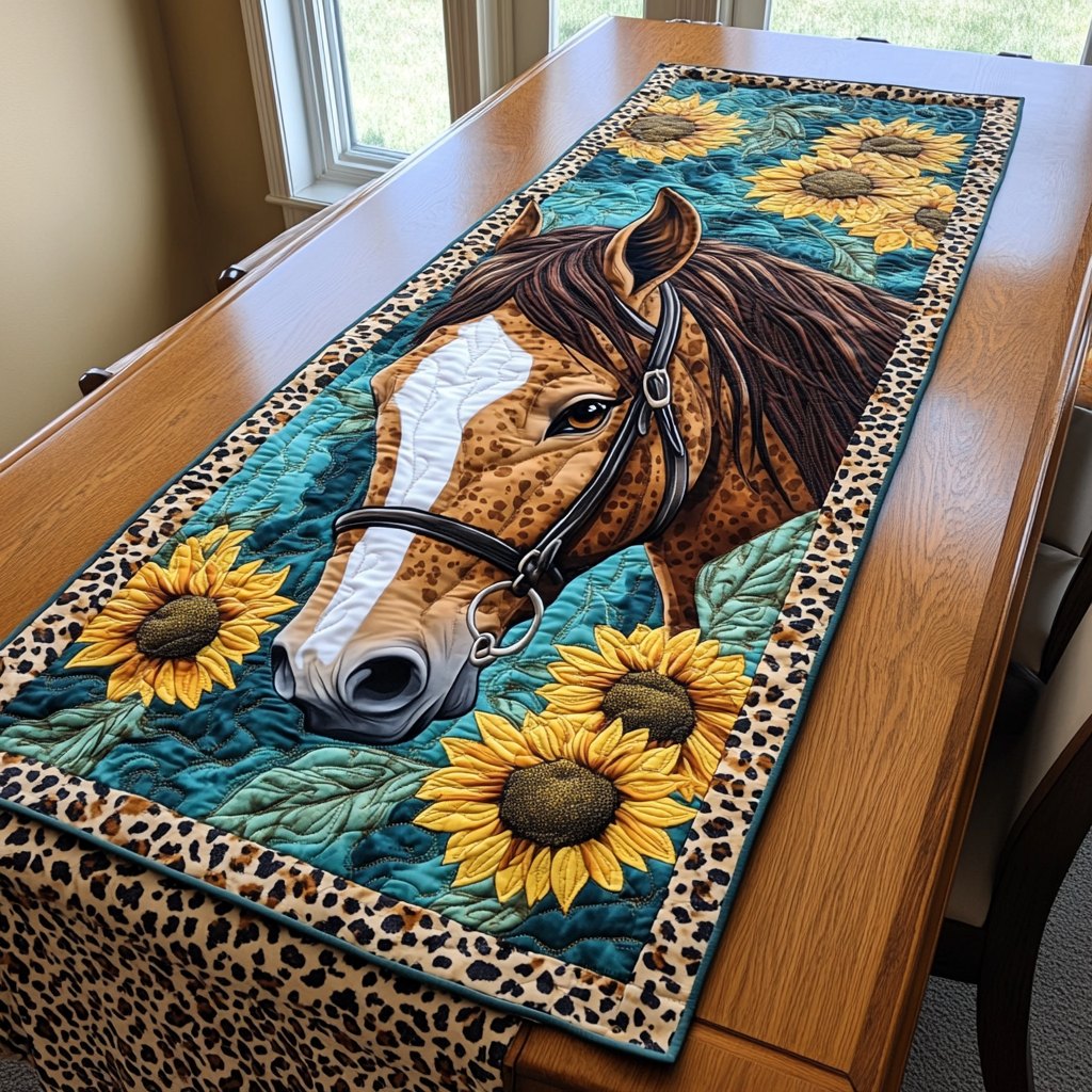 Horse with Sunflowers and Leopard Border Table Runner