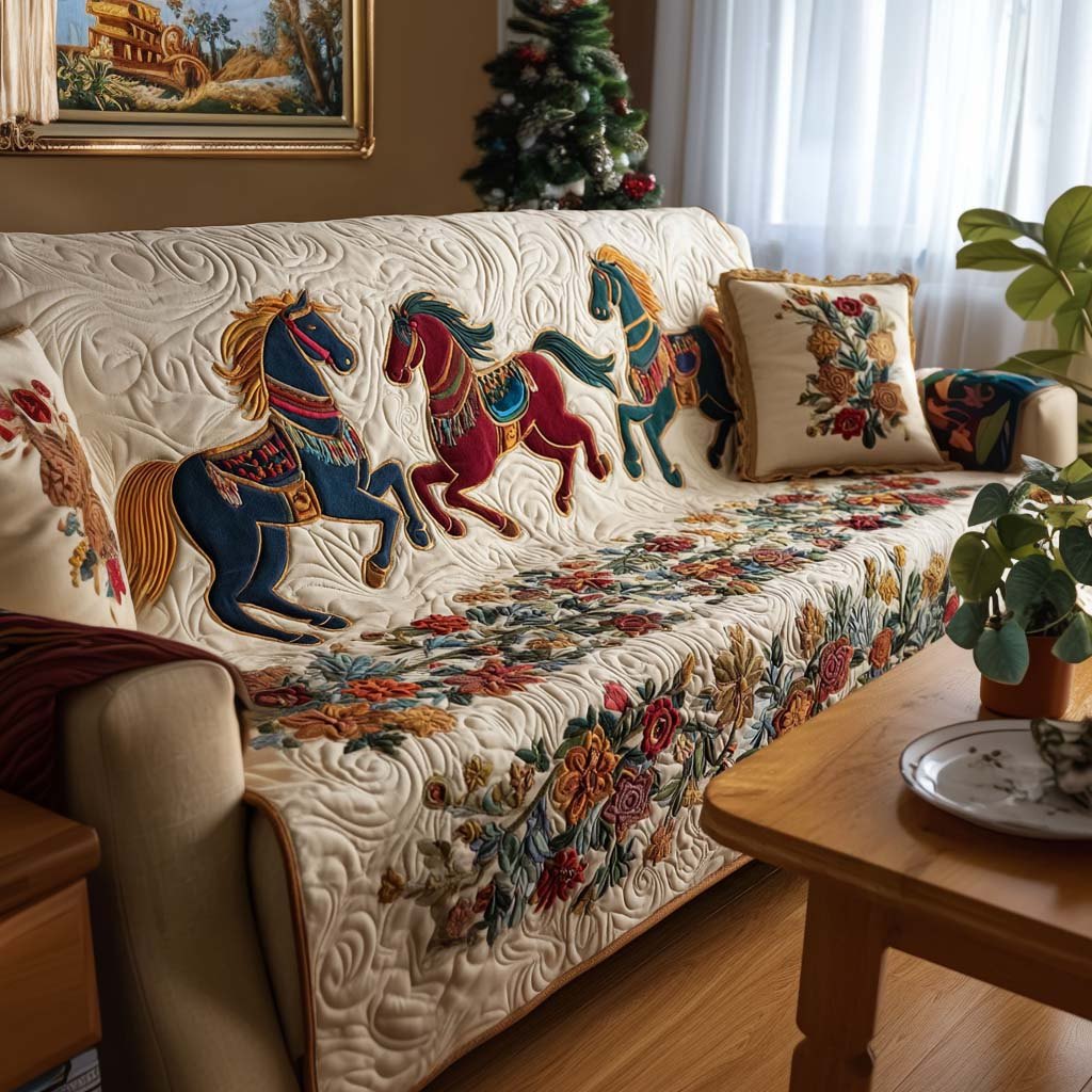 Colorful Horses Galloping on Cream Sofa Cover