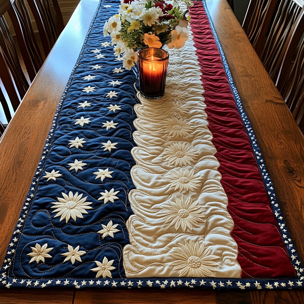 White Blooms on Navy and Red Stripes Table Runner