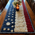 White Blooms on Navy and Red Stripes Table Runner