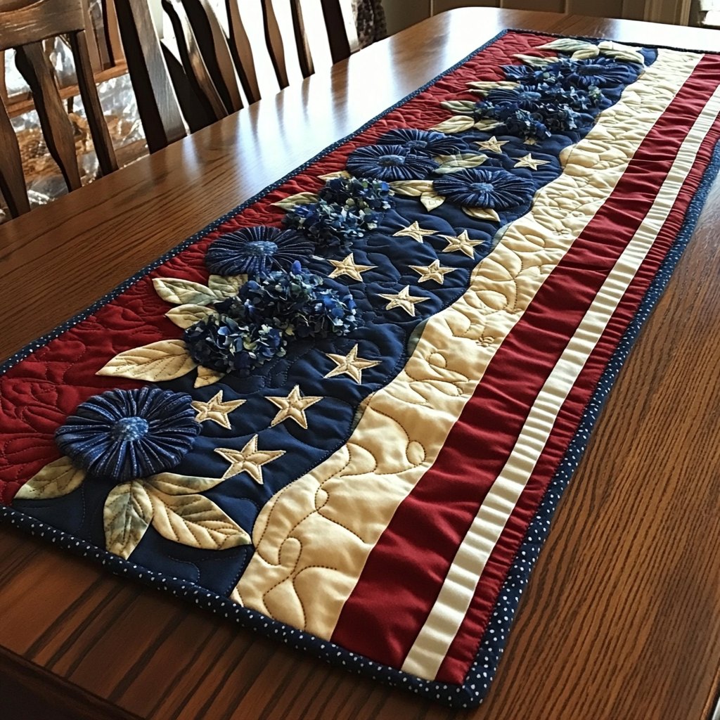 Navy Stars with Cream Flowers Table Runner