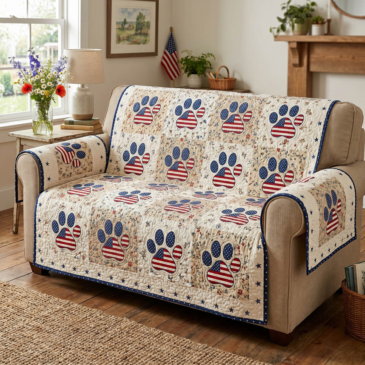 Navy Paw Prints and Little Flags Sofa Cover