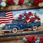Blue Truck Carrying Roses by the Flag Table Runner