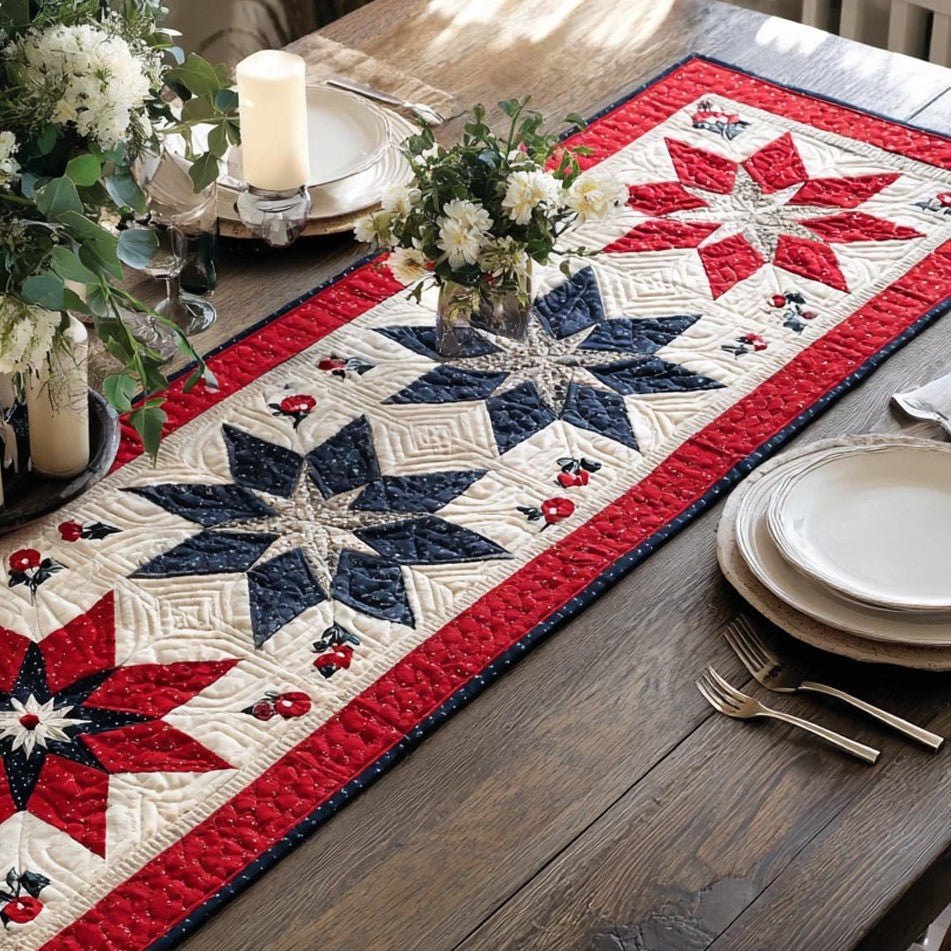 Navy Star Blocks with Red Border Table Runner