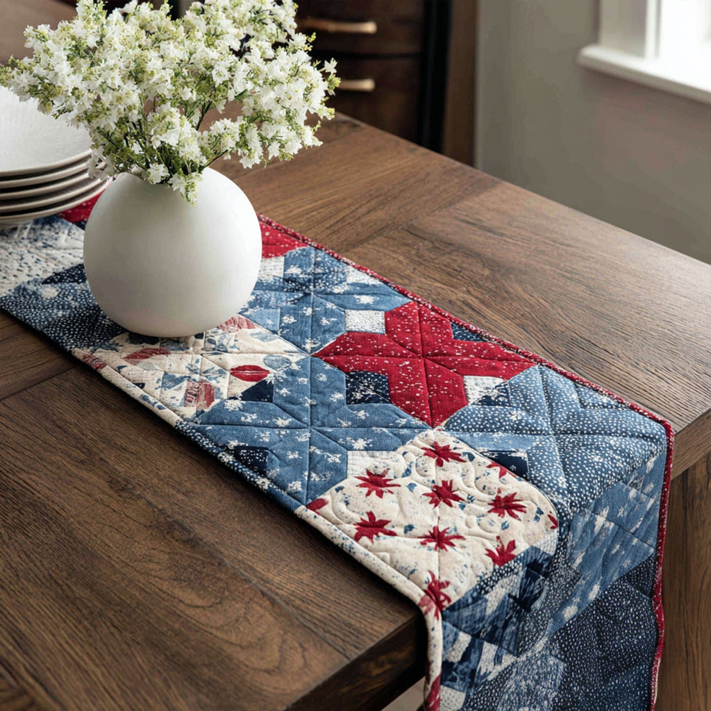 Blue and Red Star Patchwork Table Runner